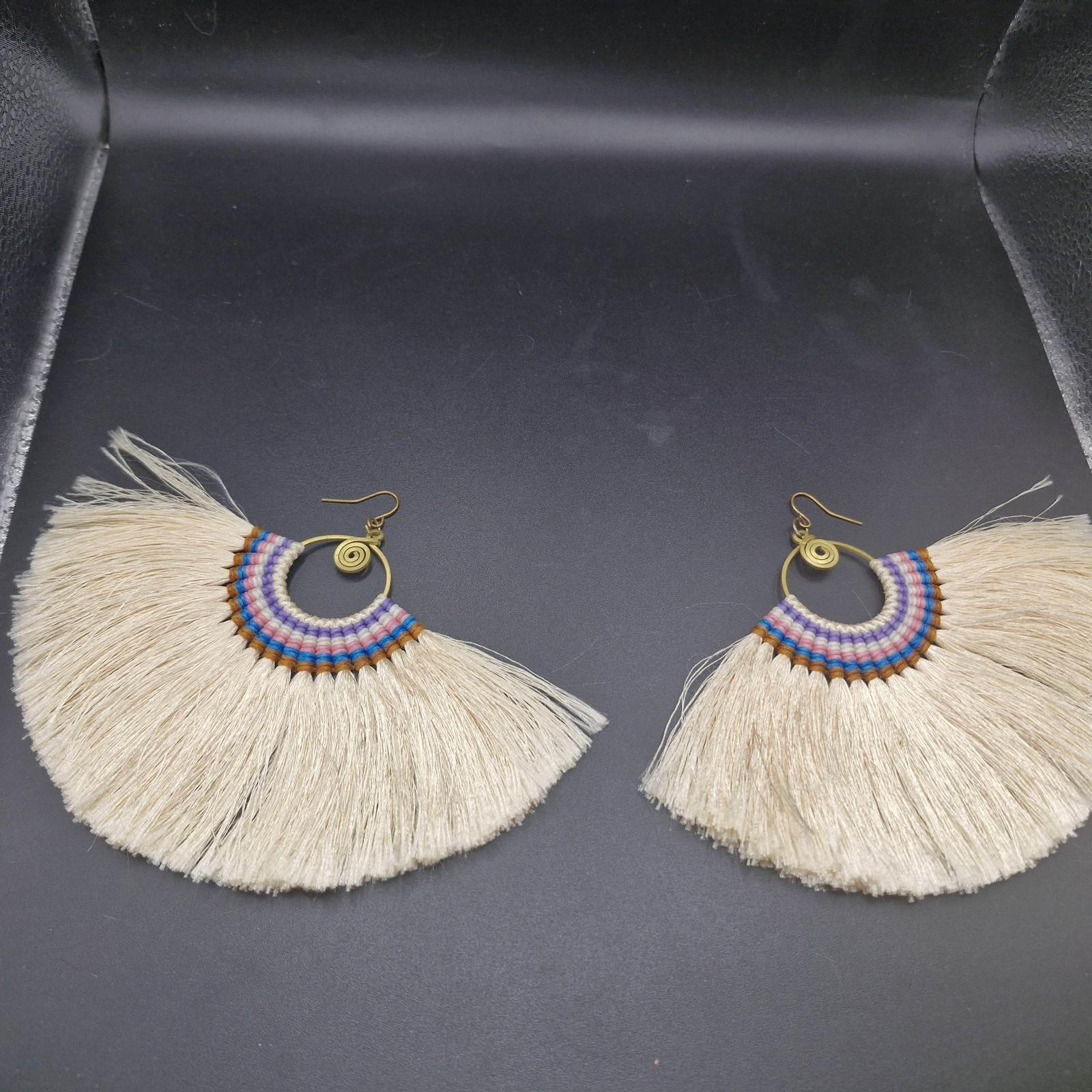 SW Style Large Runway Tassel Macrame Earrings Brass Blue, Orange, Tan 3.5 X 4.5″