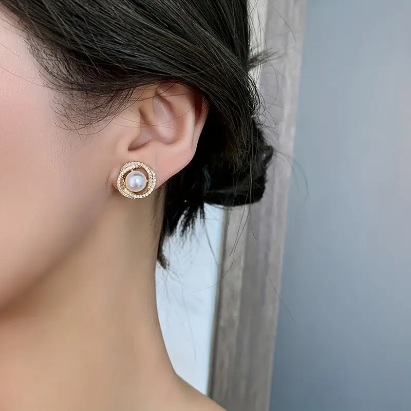 Gold Round Diamante & Pearl Studs Earrings (Free Gift Box Included)