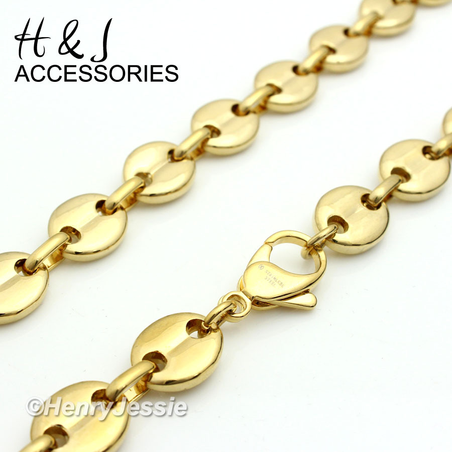 24″Stainless Steel 10x3mm Gold Plated Puffed Mariner Link Necklace Bracelet*S139