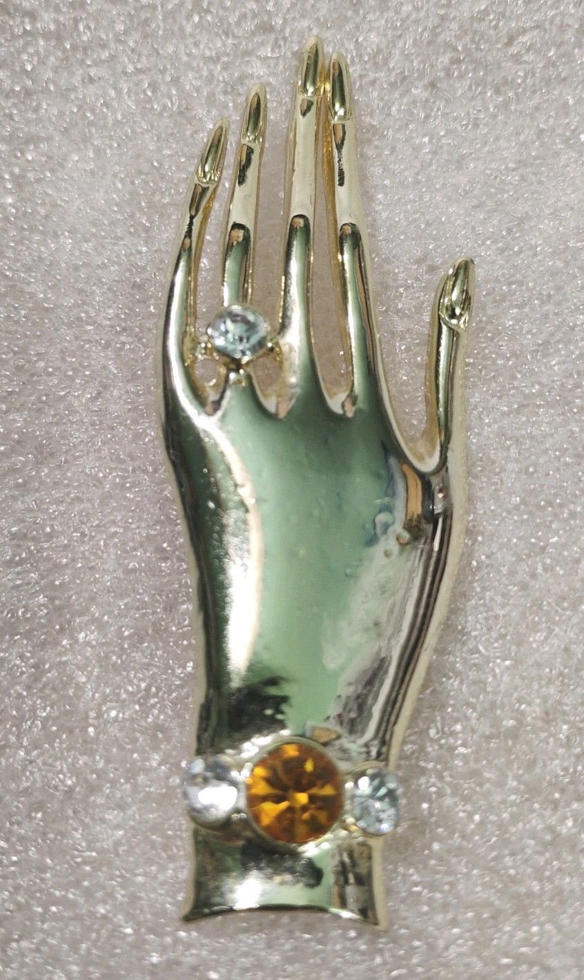 HAND WITH CRYSTAL RING AND BRACELET BROOCH PIN VINTAGE Gold Color METAL
