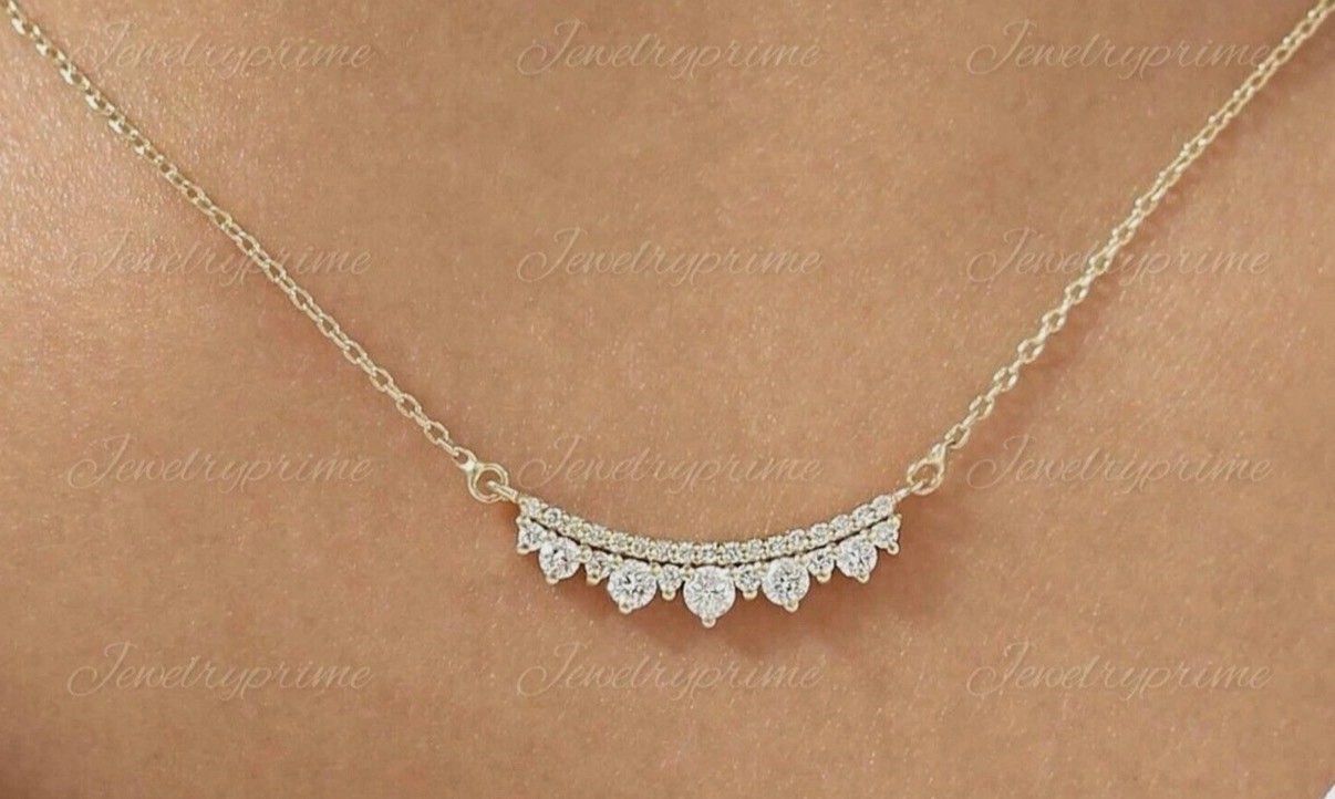 2.10Ct Round lab Created Diamond Bar Pendant Necklace 14K Yellow Gold New