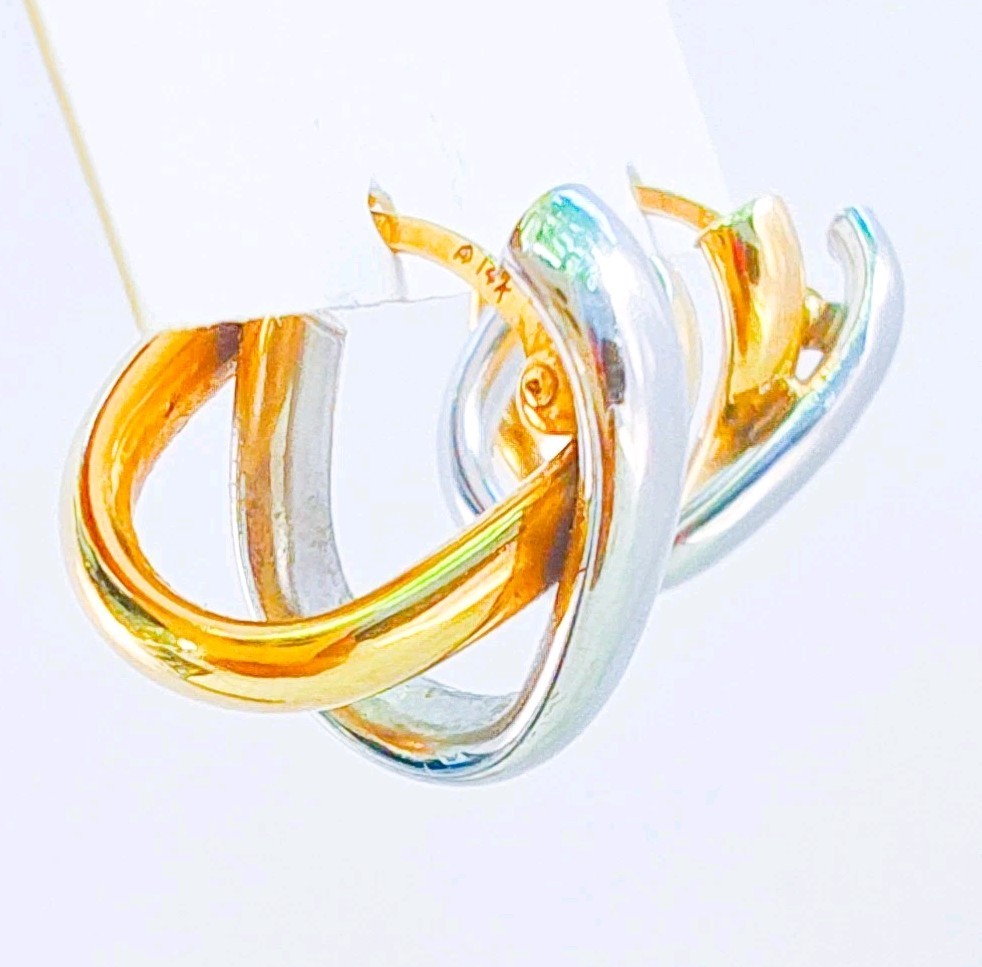 14K Two‑Tone Gold X‑Design Earrings • 2.50g • Snap‑Bar • Marked 14K Israel