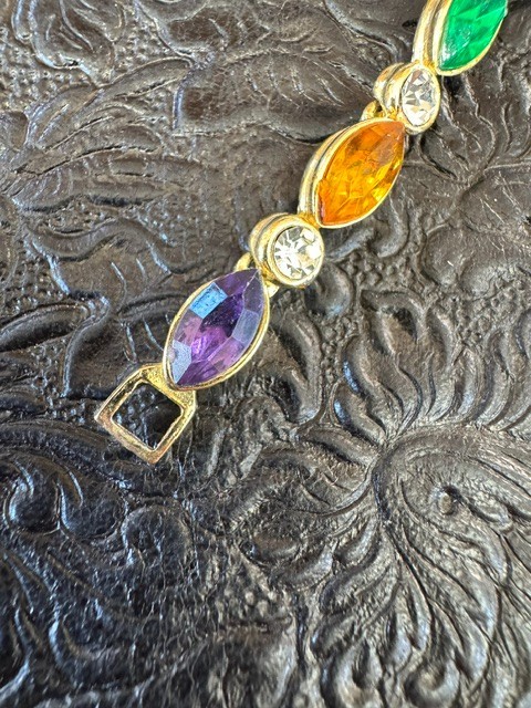 Vintage Gold Tone Rainbow Marquise Rhinestone Tennis Bracelet Purple Blue Green