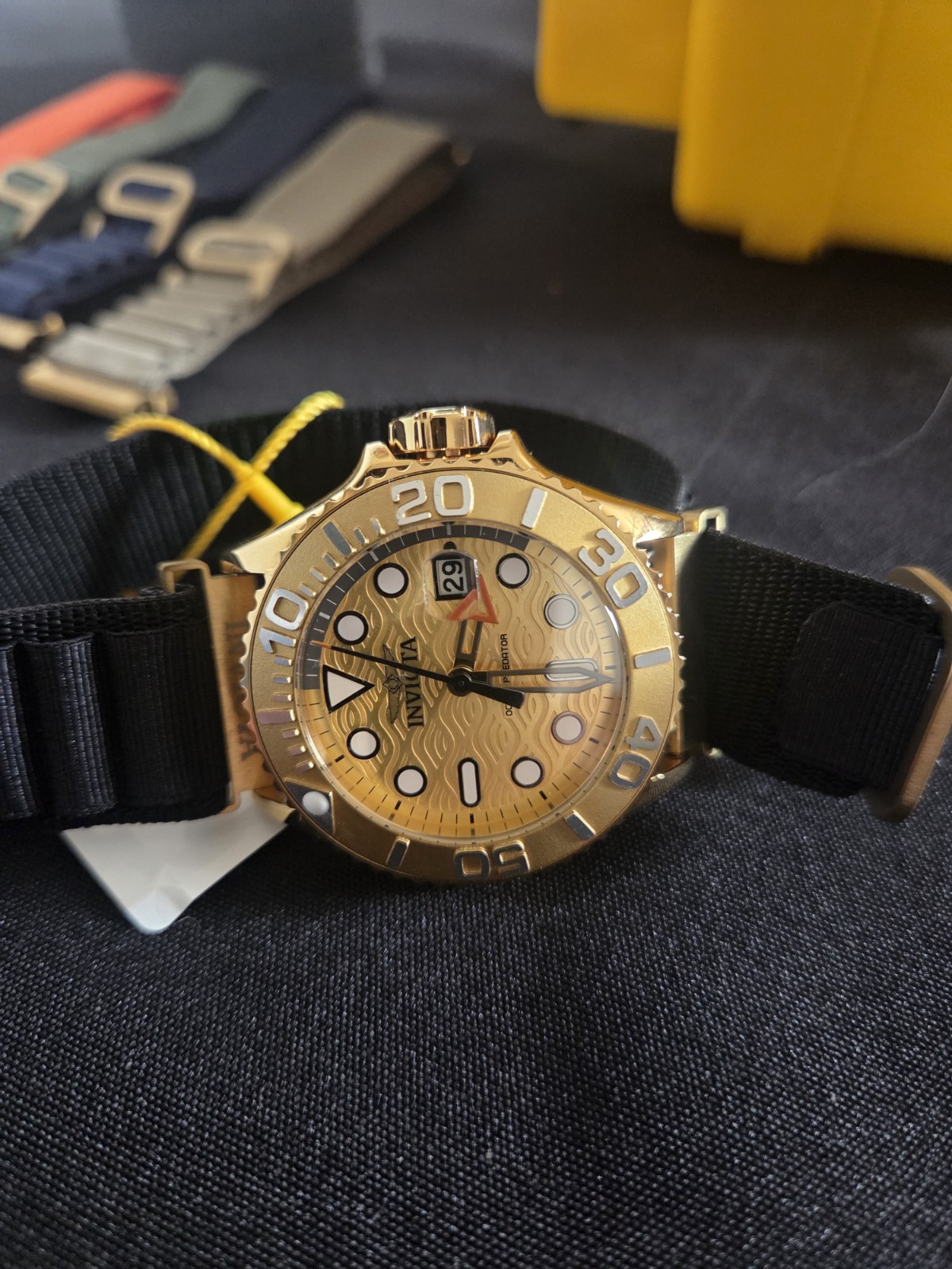 Invicta Ocean Predator Quartz Diver Watch Gold Tone Date Black NATO w/ Box