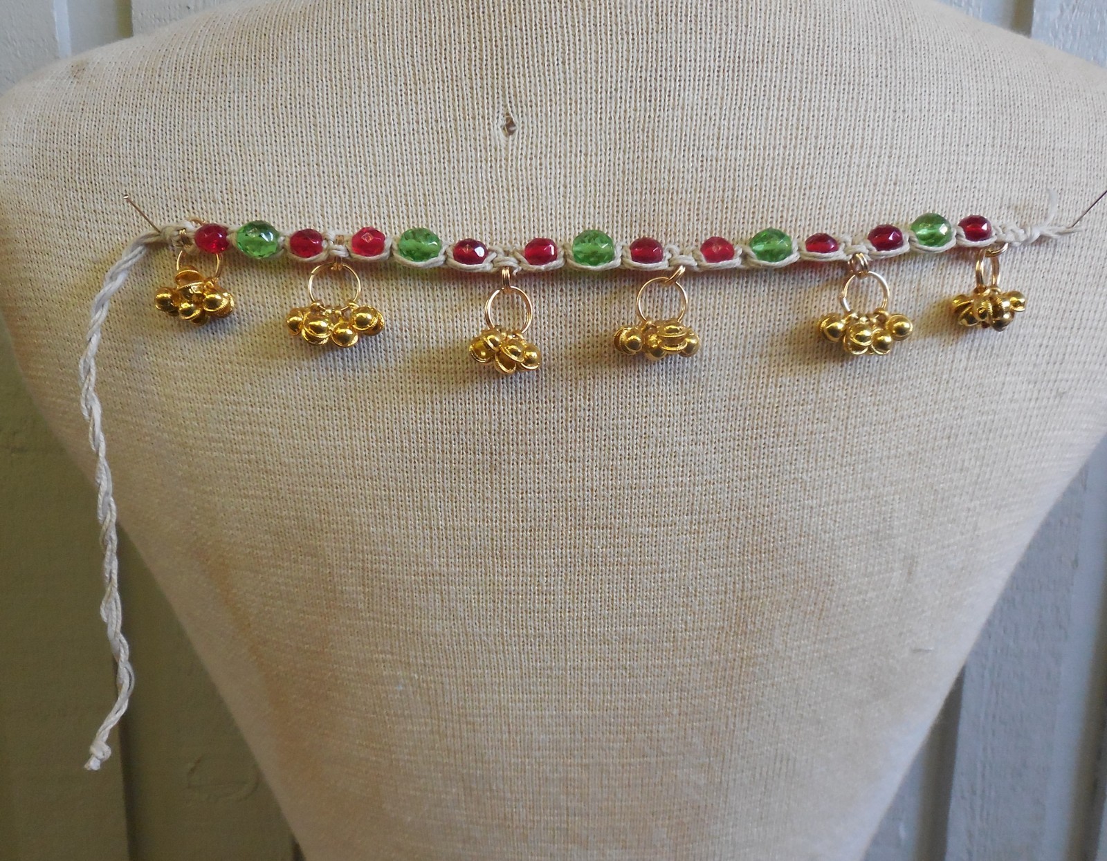 Rasta Hemp Anklet with Gold Bells, Czech Glass Beads Adjustable Macrame Jewelry