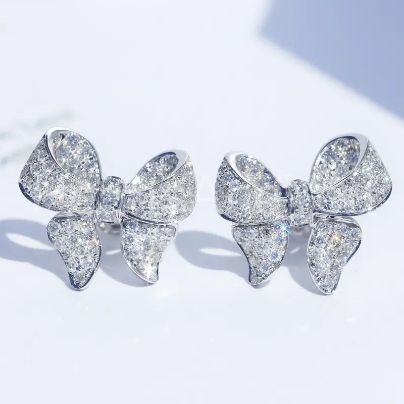 2ct Round Cut Moissanite Bow Design Stud Earring For Women 14K White Gold Plated