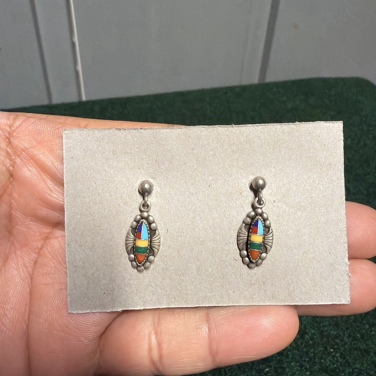 Wheeler Manufacturing Sterling Silver & Colorful Inlay Dangle Post Earrings