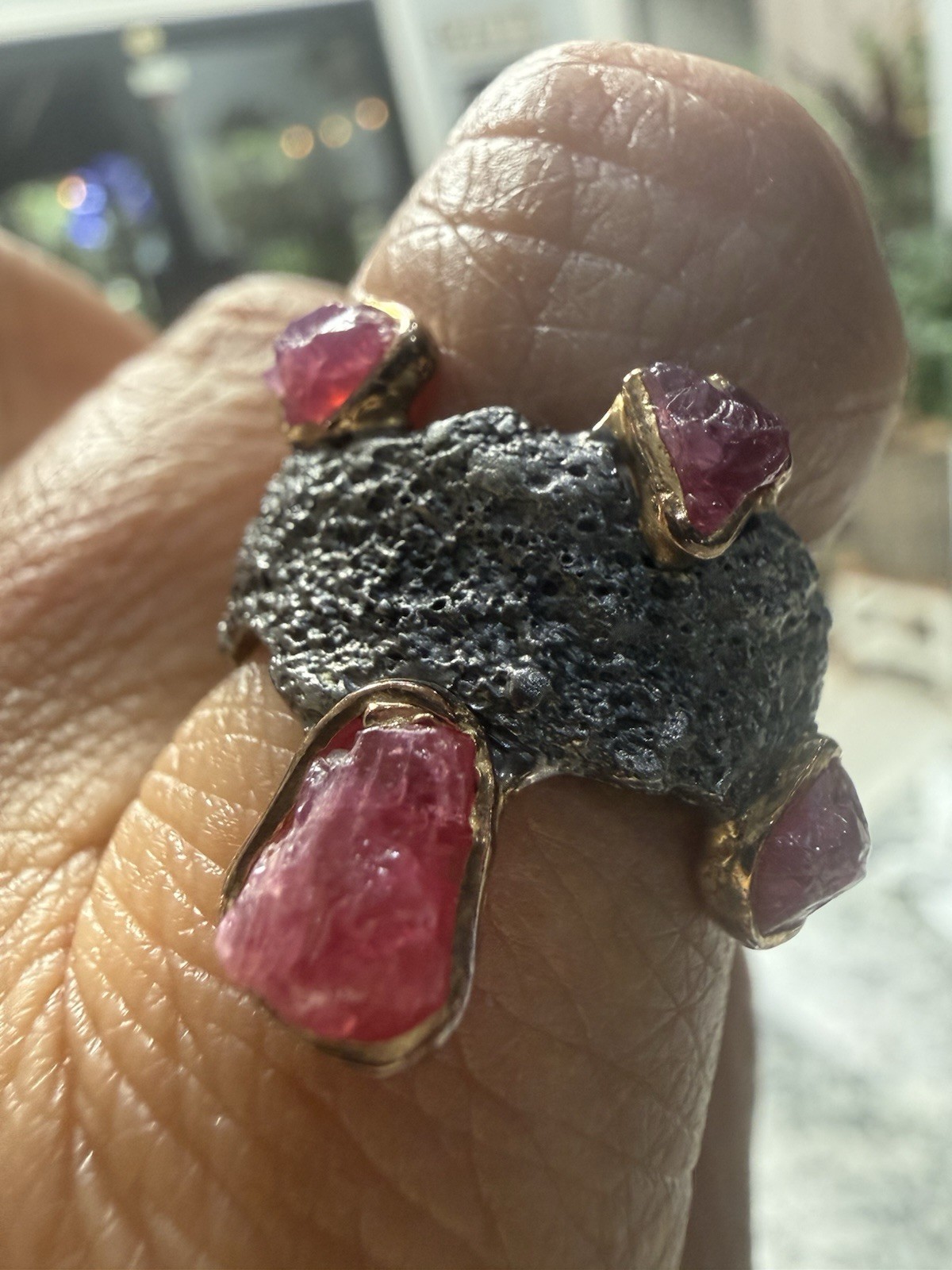 Silver, Gold & Black Rhodium-Plated German Kabirski Rough Ruby Ring Sz 8
