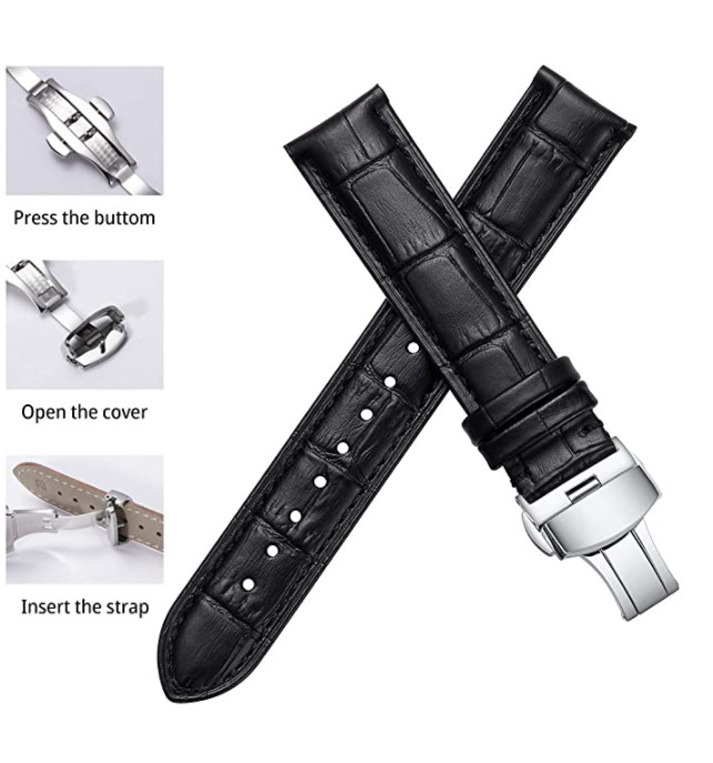 18/20/22/26MM Watch Band Strap Genuine Leather Alligator Deployment Clasp Buckle