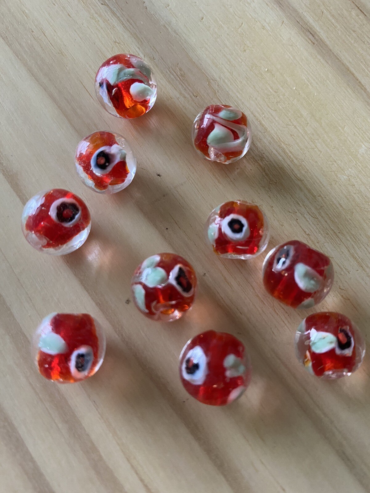 10 RED with GREEN BLACK FLOWER ROUND LAMPWORK Glass Beads 12mm Jewelry DIY