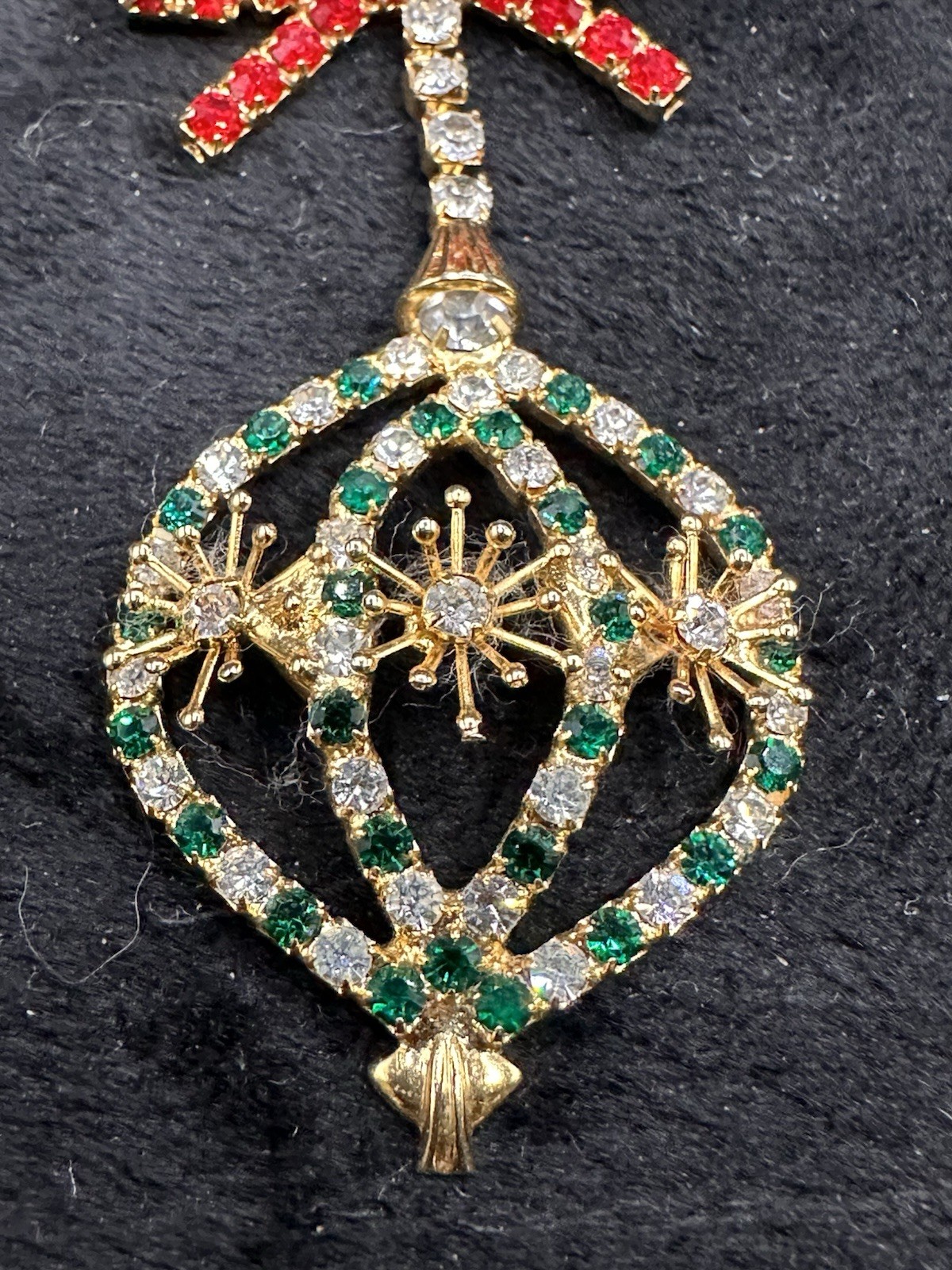 Vintage Dangling Christmas Ornament Brooch Gold-tone Red Green Clear Rhinestones