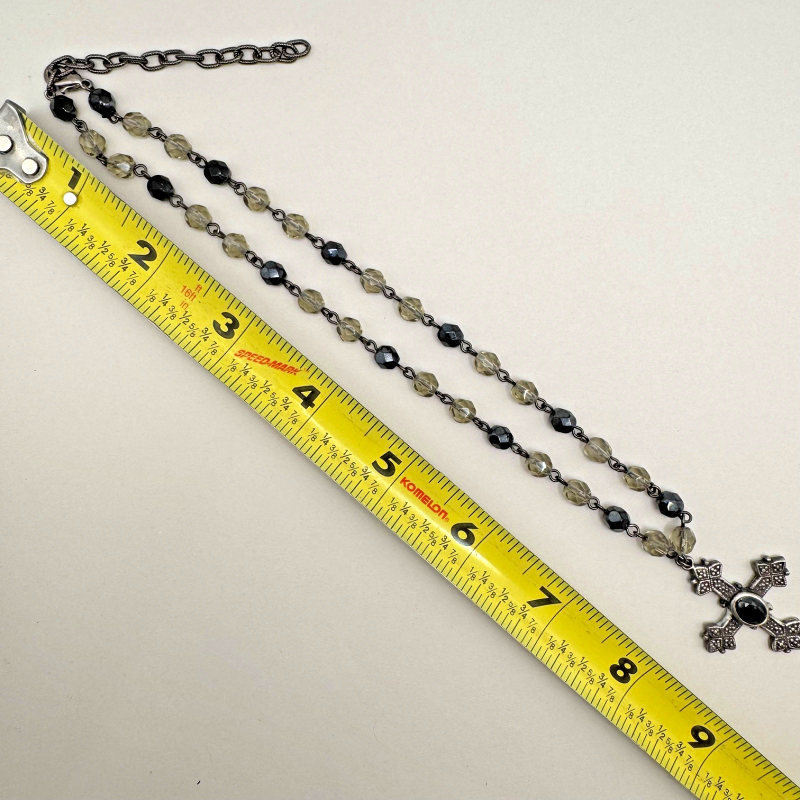 Cross Necklace Gothic Rosary Style Black Glass Bead Silver Tone Pendant 17″