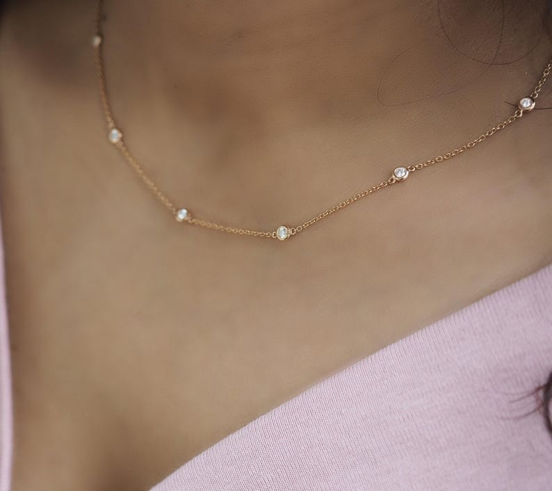 Gift Bezel Set by the Yard Round Cut Natural Diamond Necklace 14k Yellow Gold