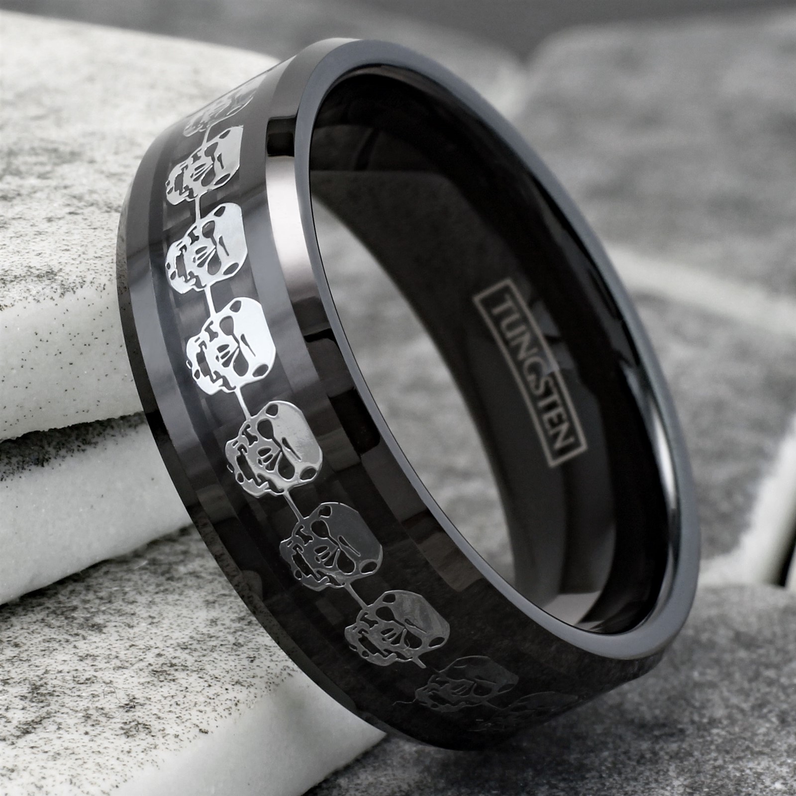 Black Tungsten Carbide Men’s Silver Skull over Carbon Fiber Wedding Band Ring