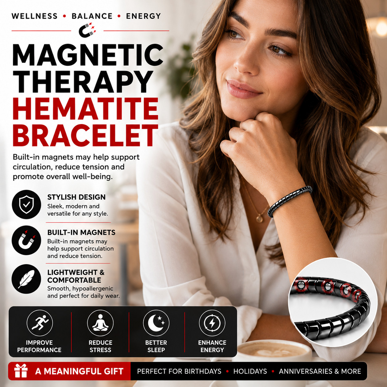 10 PACK Magnetic Therapy Hematite Bracelet 8mm Beads for Men and Women