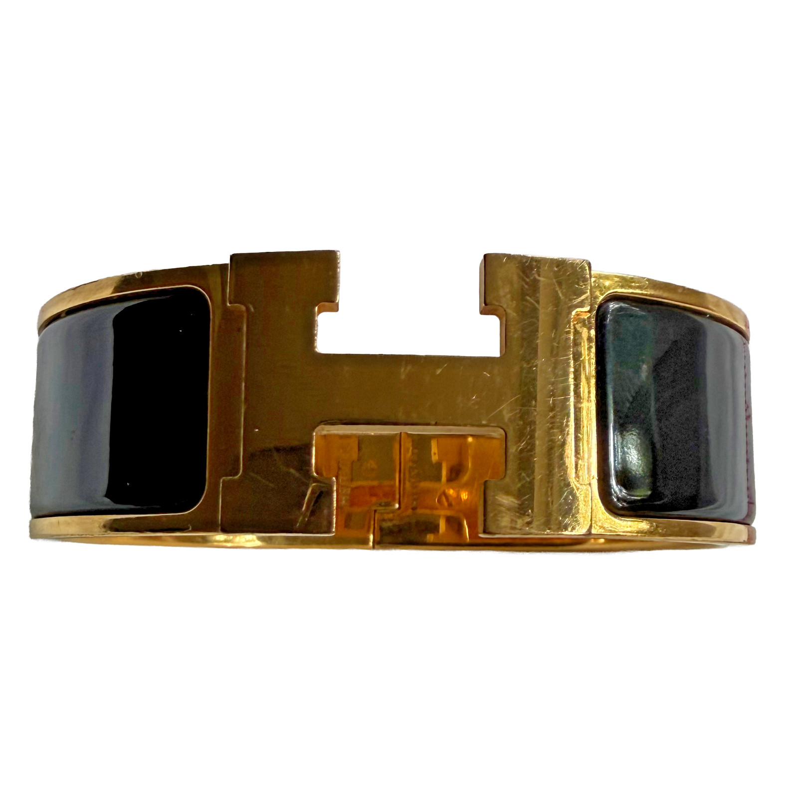 Hermes Clic Clac H Wide Bracelet-Black Enamel-Yellow Gold-Size PM-Retail: $890