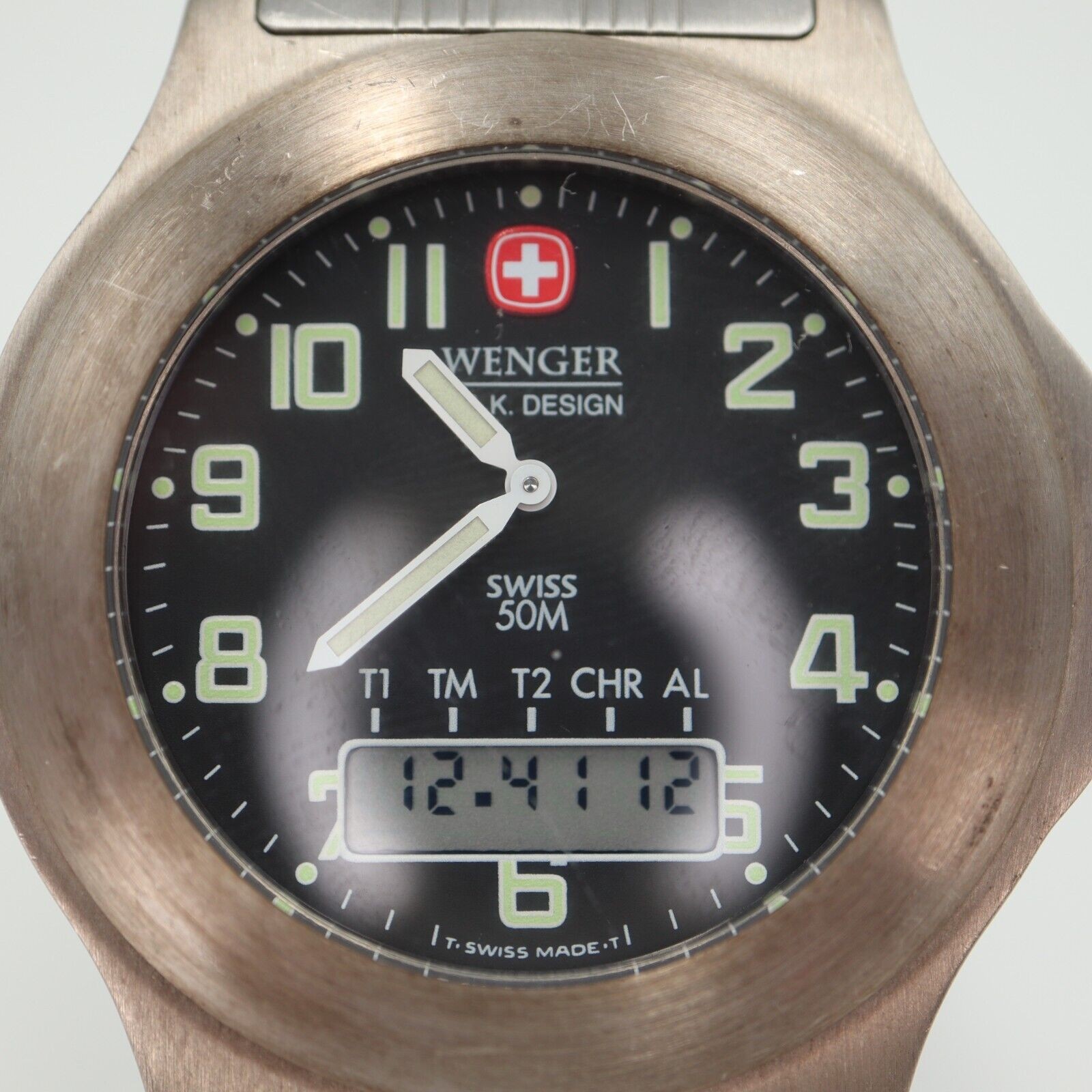 Vintage Wenger Silver Tone 40mm Ana Digi Watch Analog Digital Black New Battery