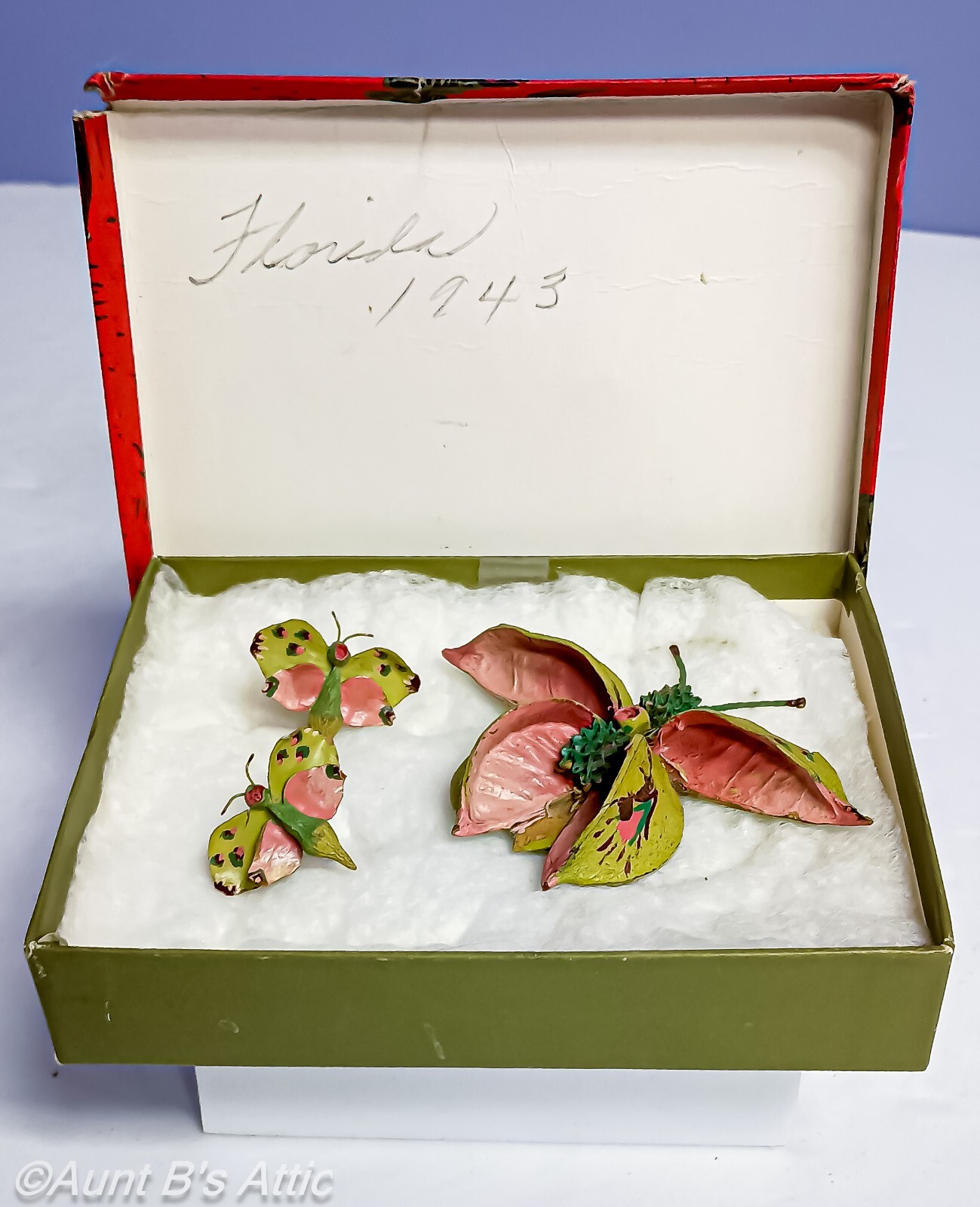 Pin & Earring Set Vintage Mid 20th Century Unusual Handmade Painted Seed Pod Set