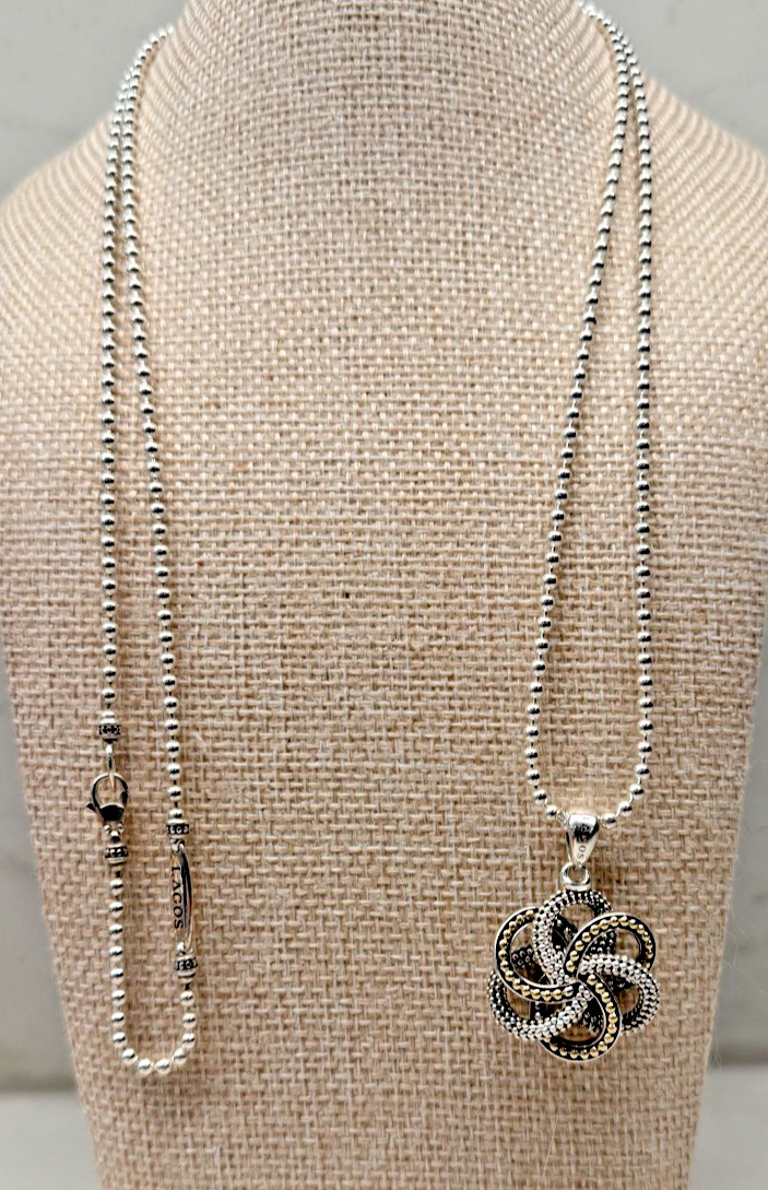 LAGOS LARGE LOVE KNOT TWO-TONE SILVER 18K GOLD PENDANT NECKLACE