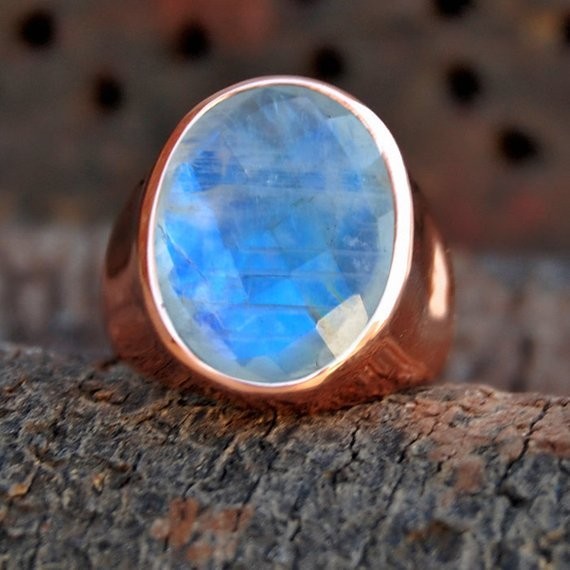 Solid 925 Sterling Silver Natural Rainbow Moonstone Gemstone Men’s Unisex Ring
