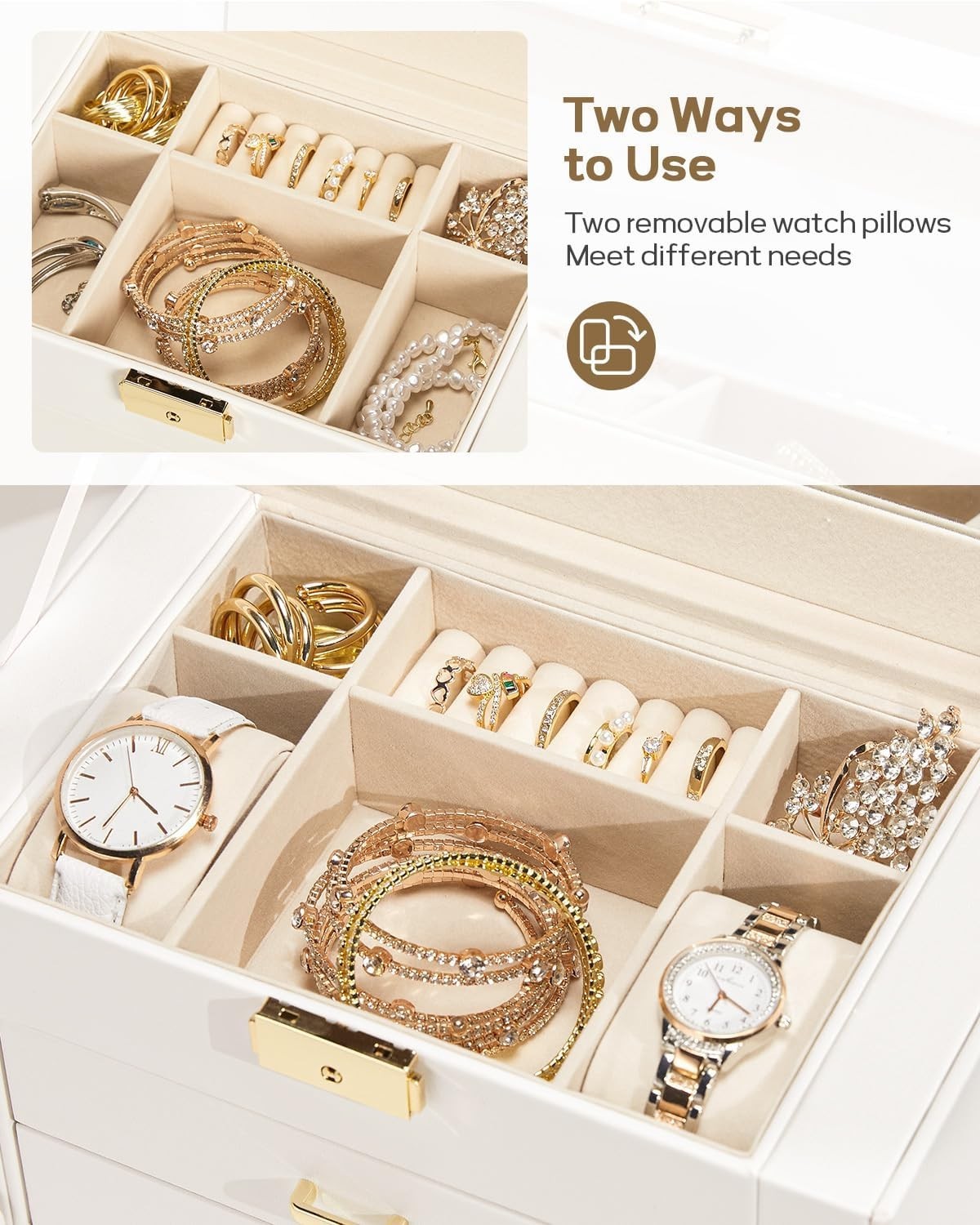 Stylish Jewelry and Watch Organizer – White Faux Leather, Lockable Design