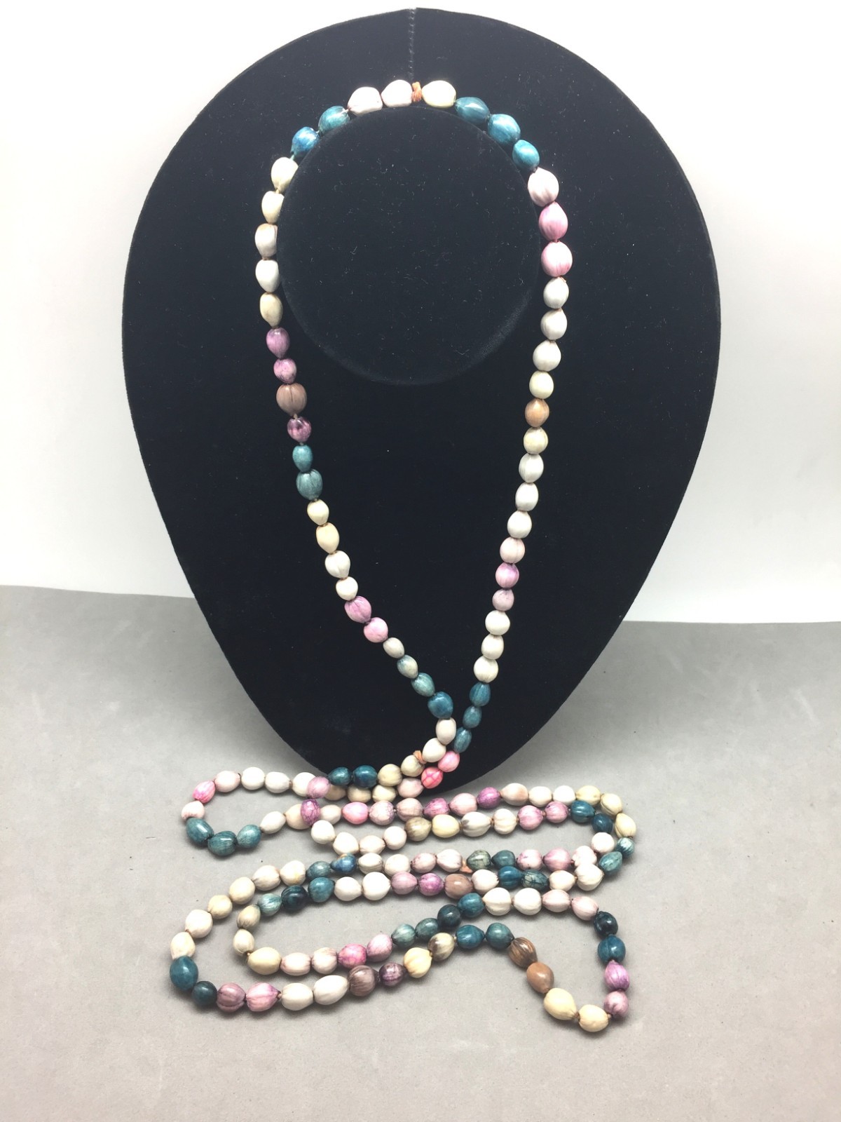 Vintage Multicolor Dyed Job’s Tears Seeds Beaded Necklace 67″ Continuous Wrap