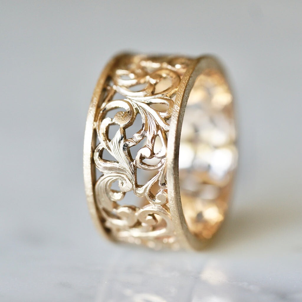 14K Gold Eternity Vine Engraved Band Stackable Bridal Women Ring Gift Ideas Her