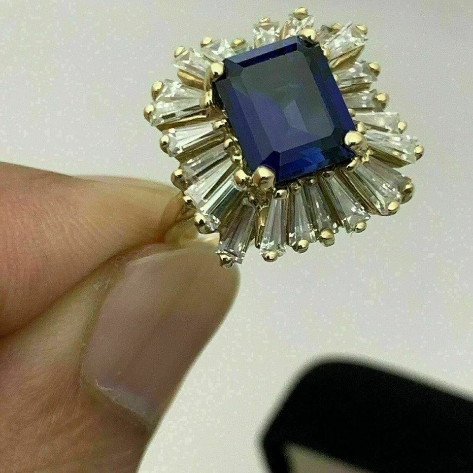 4.50Ct Lab Created Emerald Blue Sapphire Engagement Ring 14K Yellow Gold Finish