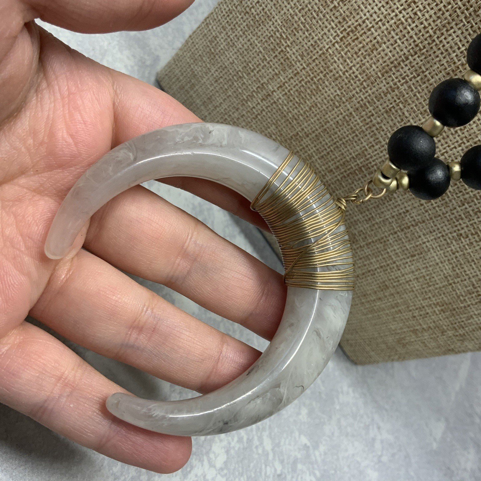 Plastic and wood bead faux horn resin pendant boho necklace