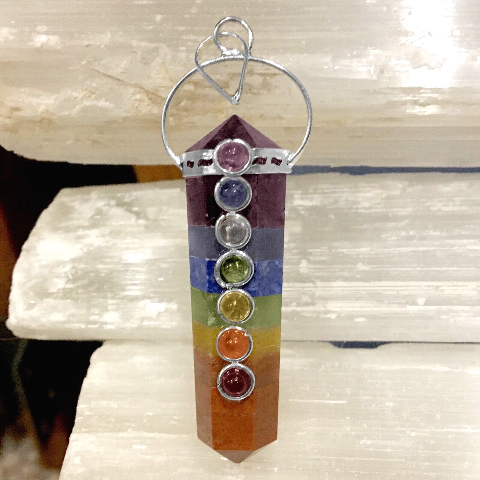 Rainbow Chakra Crystal Double Point Pendant 7 Bonded Stone Necklace Reiki Healin