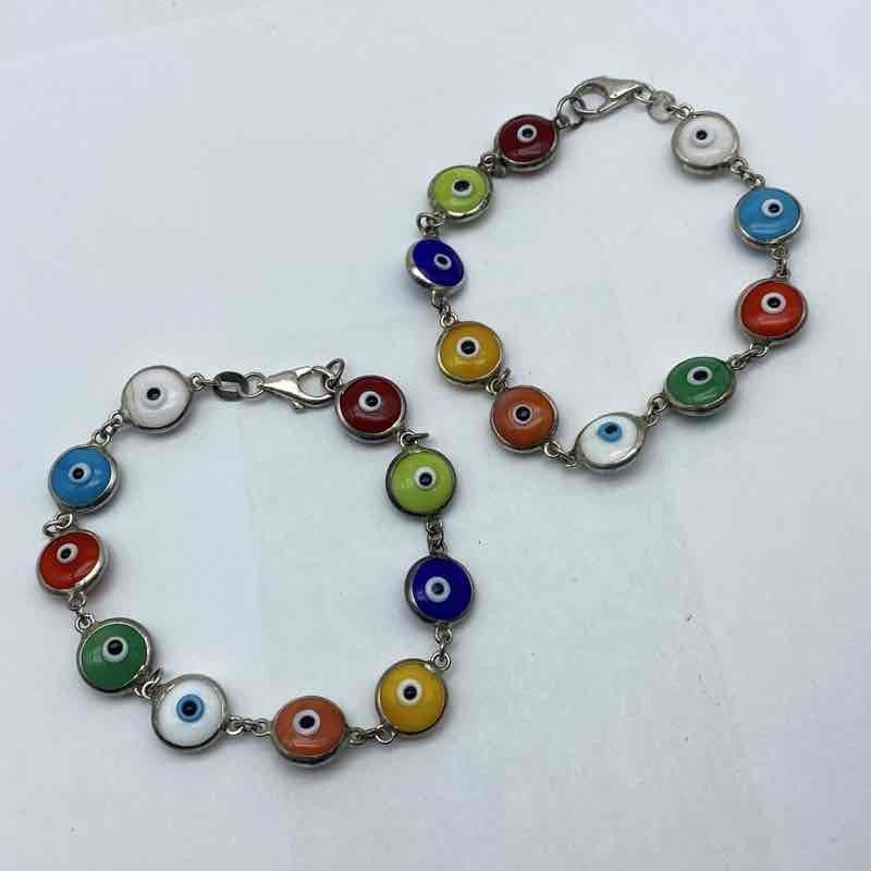 Sterling Silver 925 Multicolor Evil Eye Nazar Link Bracelet Lot of 2 7″ 7.125″