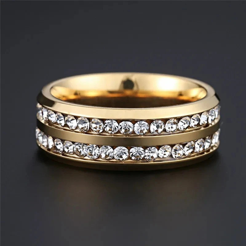 8mm Stainless Steel Wedding Silver/Gold Band Men Women Couple CZ Ring Size 5-13