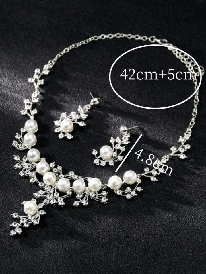 Silver-Plated Zinc Faux Pearl and Colorless CZ Necklace And Earrings Set