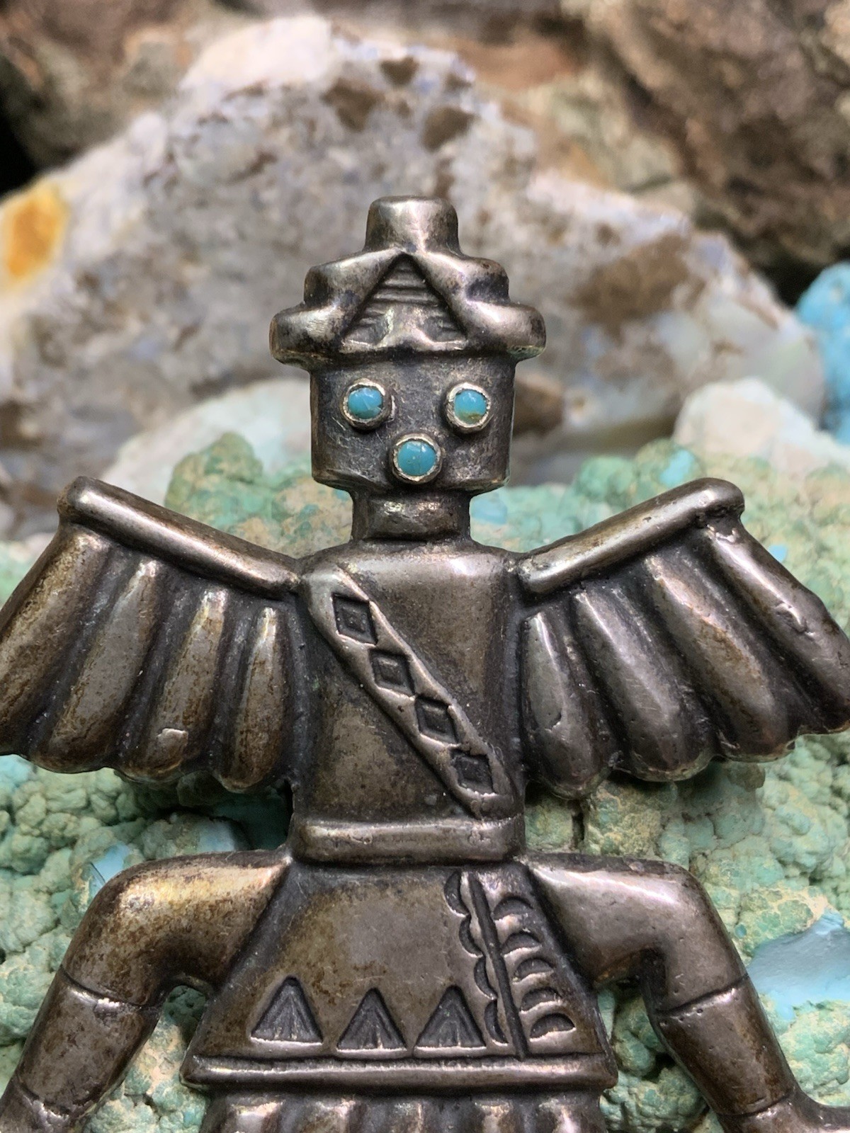 Vintage, 1940’s Native American Sterling Silver & Turquoise Knifewing Pin, 25.0g