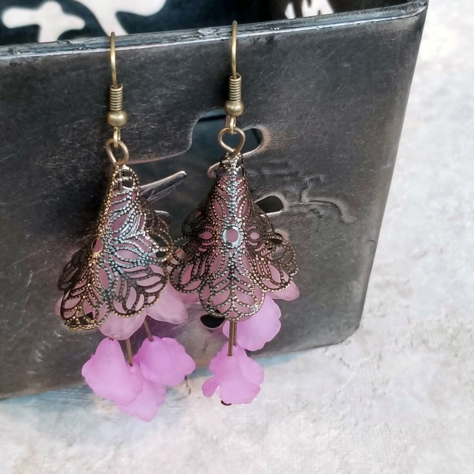 Edgy Shades Purple Pink Matte Lucite Flowers Bronze Filigree Victorian Earrings
