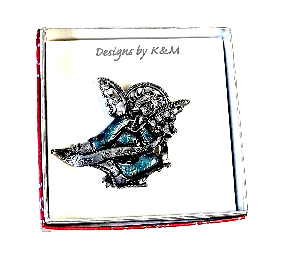 K&M Believe in Angels Enamel Brooch Pin New in Box 2 1/8″