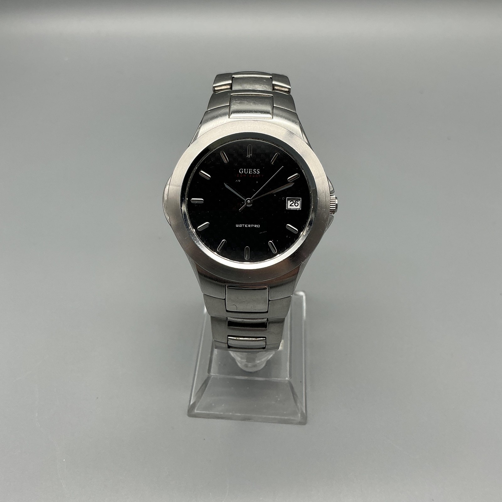 Guess Waterpro C35376G Men Watch 37mm Black Dial Date Stainless New Battery 6.5″