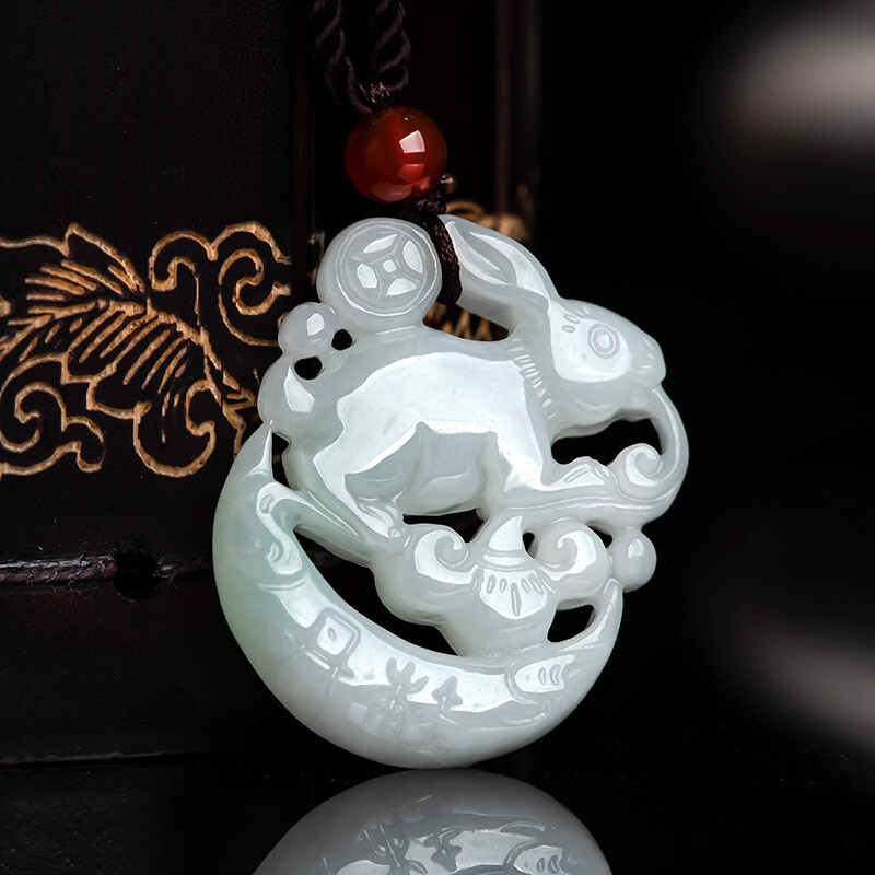 Natural Jadeite A Grade Jade Pendant White Jadeite Lucky Zodiac Moon Rabbit