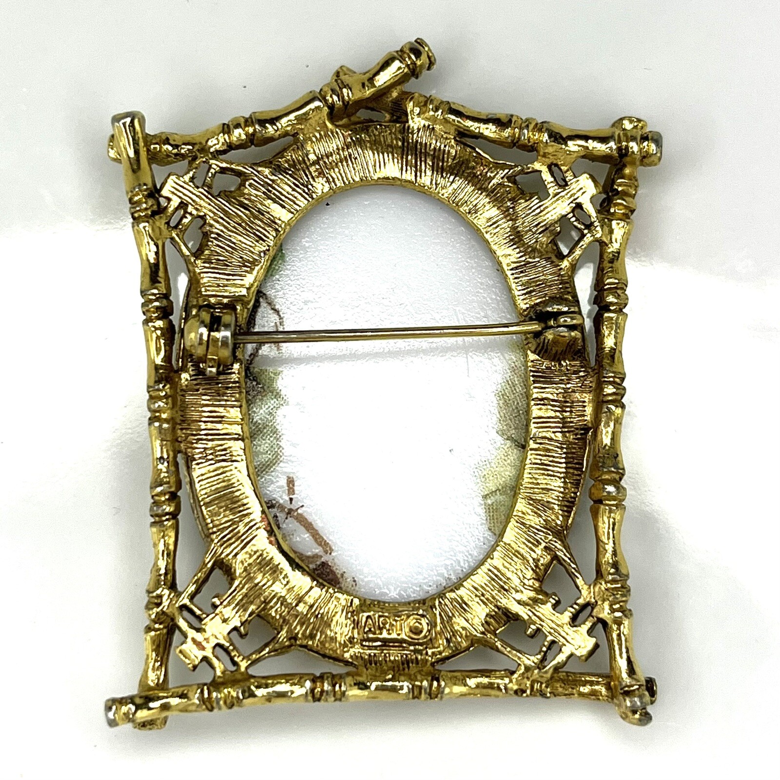 Vintage ART Arthur Pepper Enamel Brooch Bamboo Frame Asian Couple Scene Signed