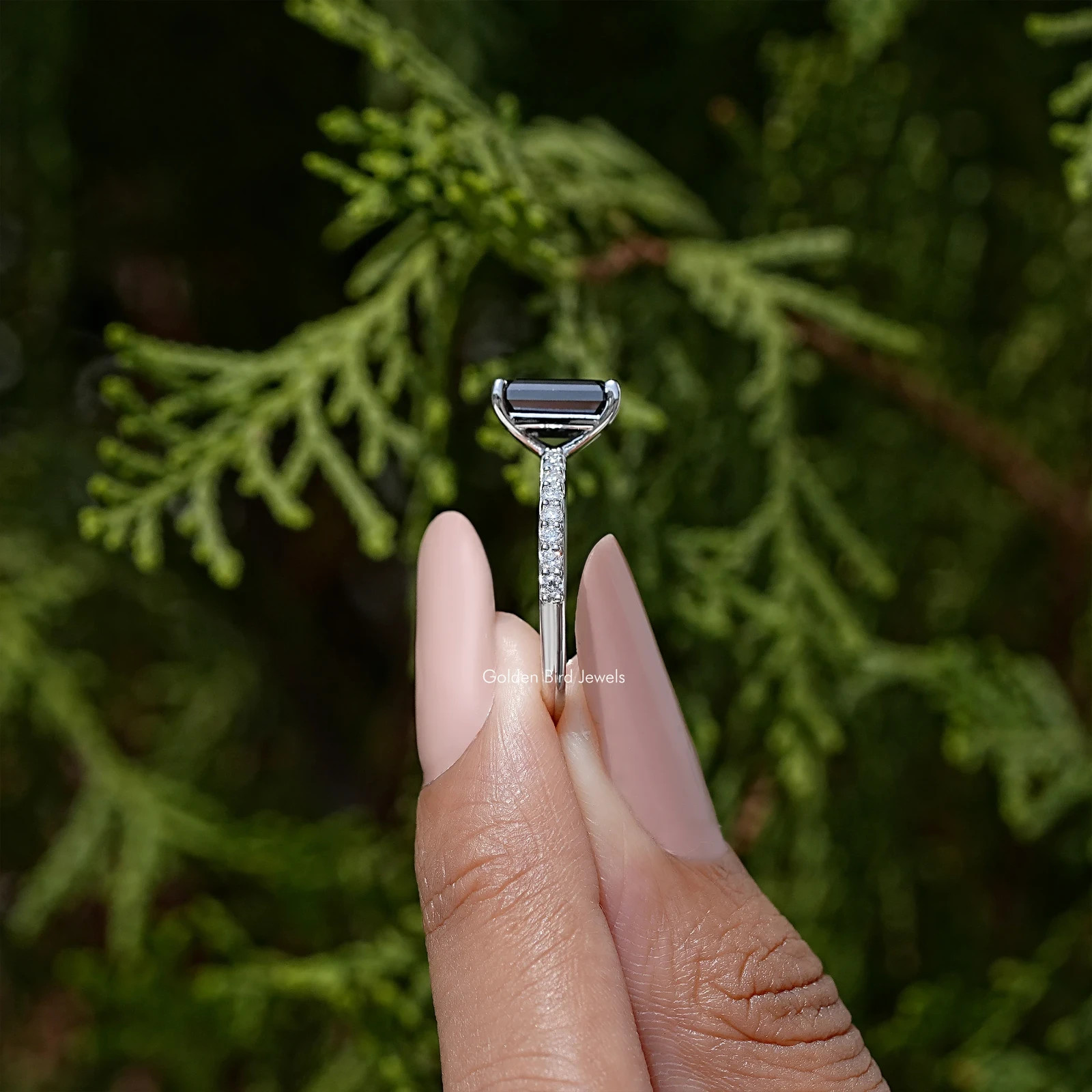 Emerald Black Moissanite Solitaire Accent Ring