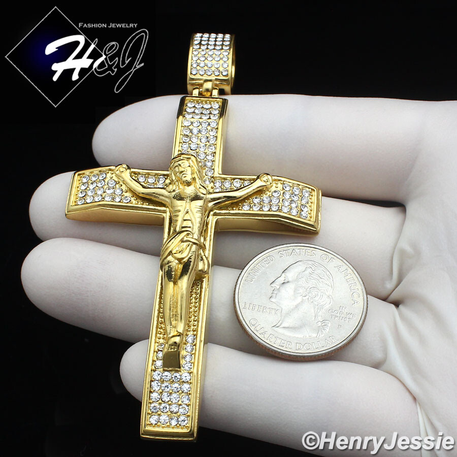 18-40″MEN Stainless Steel 7mm Gold Plated Miami Cuban Chain CZ Cross Pendant*142