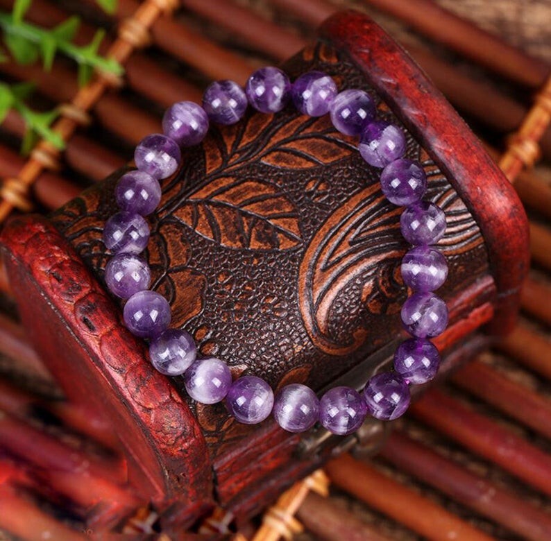 Amethyst Stone Beaded Healing Bracelet Purple Crystal Gemstone Stretch Bracelet
