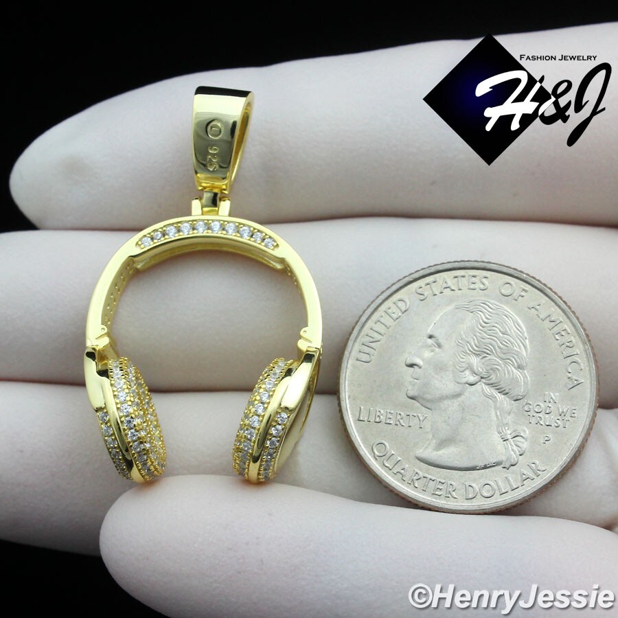 925 STERLING SILVER ICY BLING CZ 3D GOLD PLATED HIP HOP HEADPHONE PENDANT*GP401
