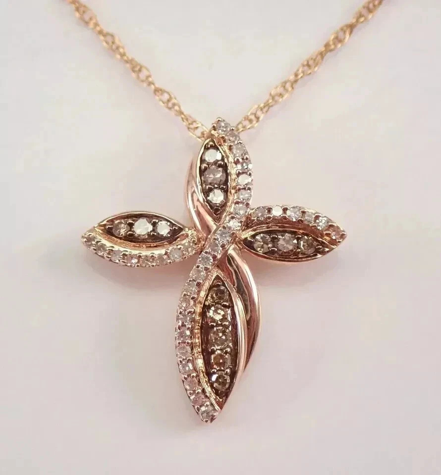 1Ct Round Cut Simulated Diamond Cross Pendant 14K Rose Gold Plated Free Chain