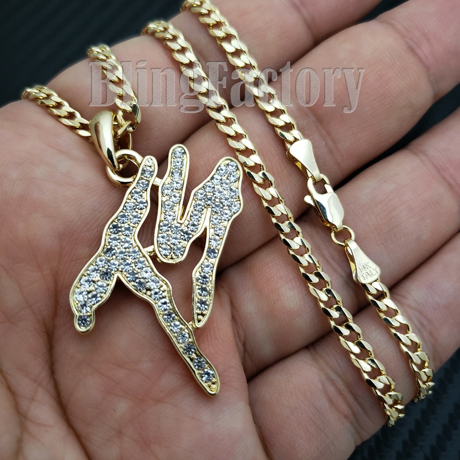 Gold Plated Alloy Cubic Zirconia TS Terror Squad Charm & Cuban Chain Necklace