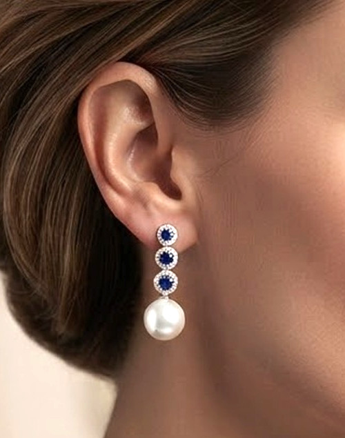 1.60ct Natural Diamond 14k BIS Hallmarked WhiteGold Sapphire Pearl Stud Earrings