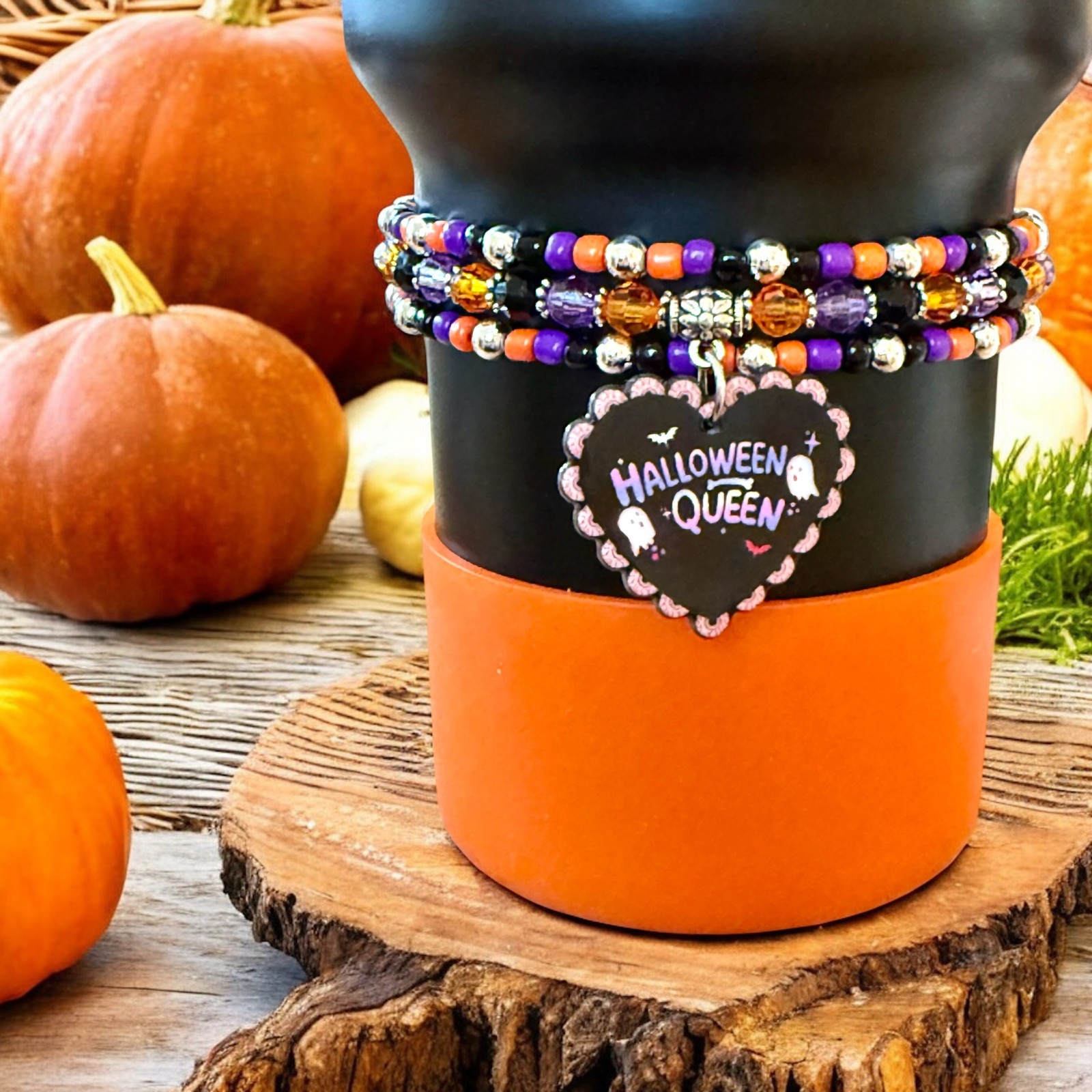 Set 4 Pc HALLOWEEN QUEEN Tumbler Charms & Bracelet Wrap Stack Plus BONUS Charm