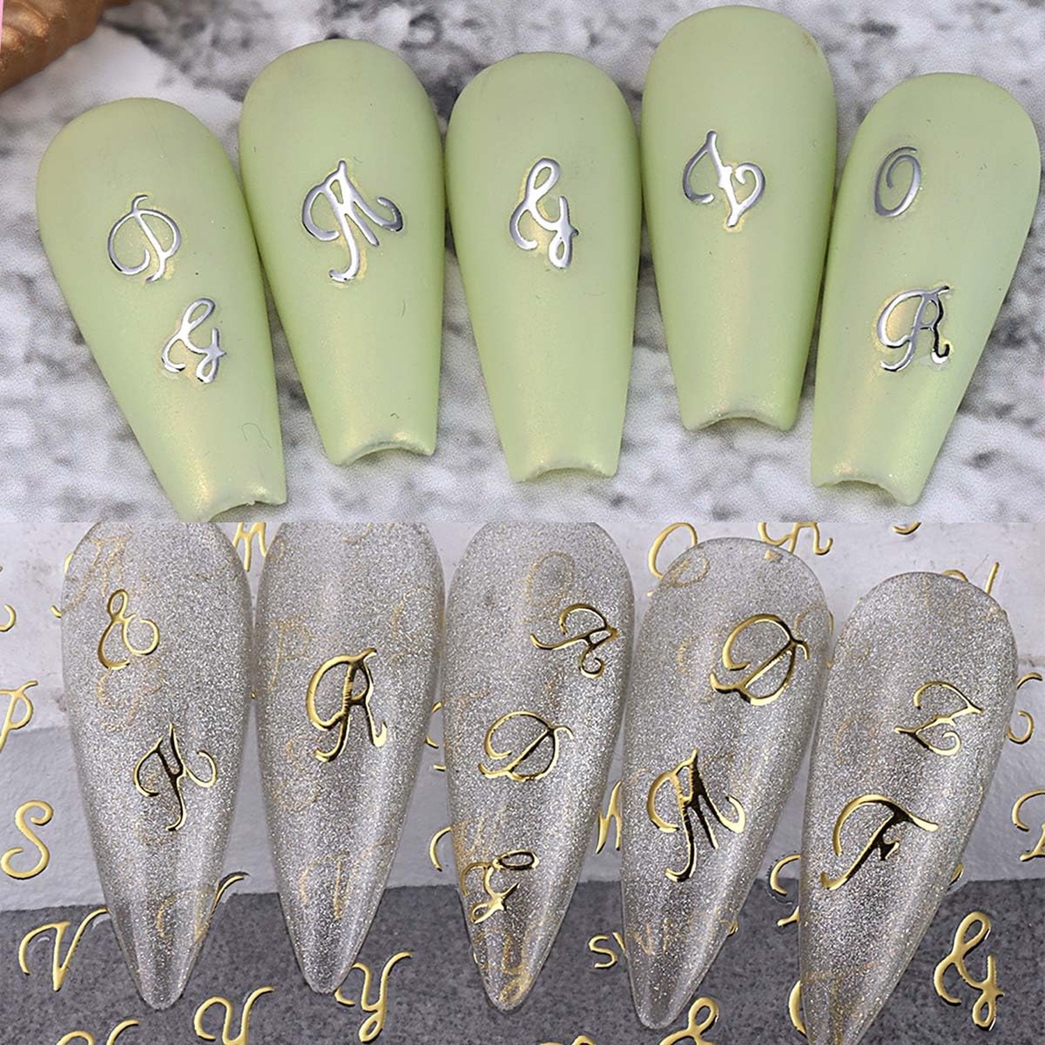 12 Sheets Letter Nail Stickers for Nail Art – Gold, Silver, Black, White Init…