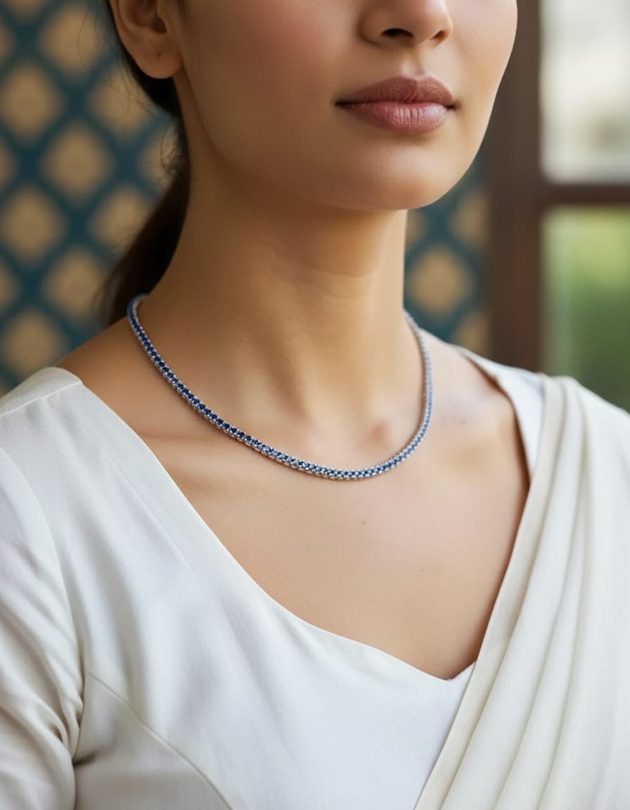 925 Sterling Silver Royal Blue Sapphire Tennis Necklaces Round Cut Sparkly Gift