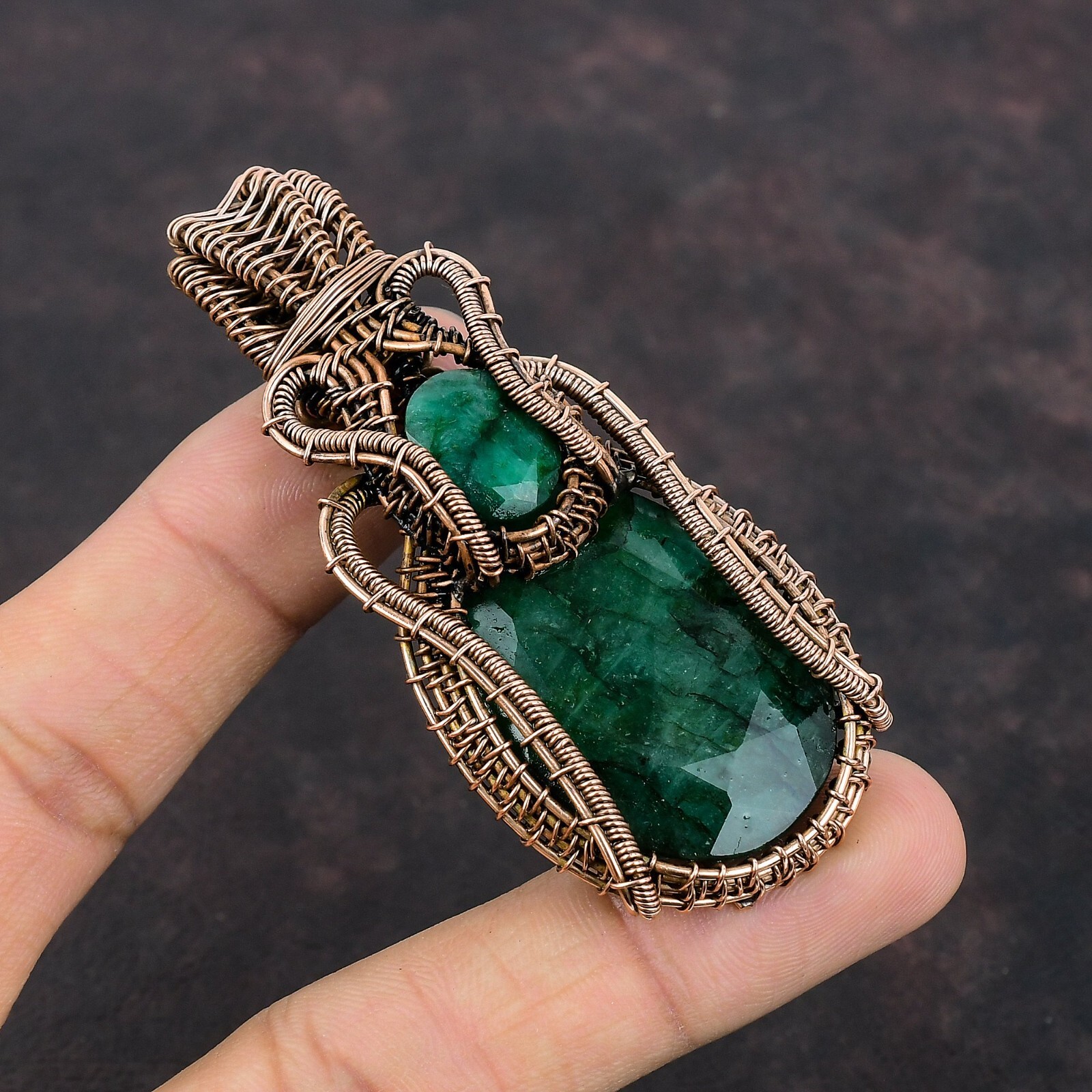 Faceted Zambian Emrald Jewelry Copper Wire Wrapped Pendant For Women 2.95″